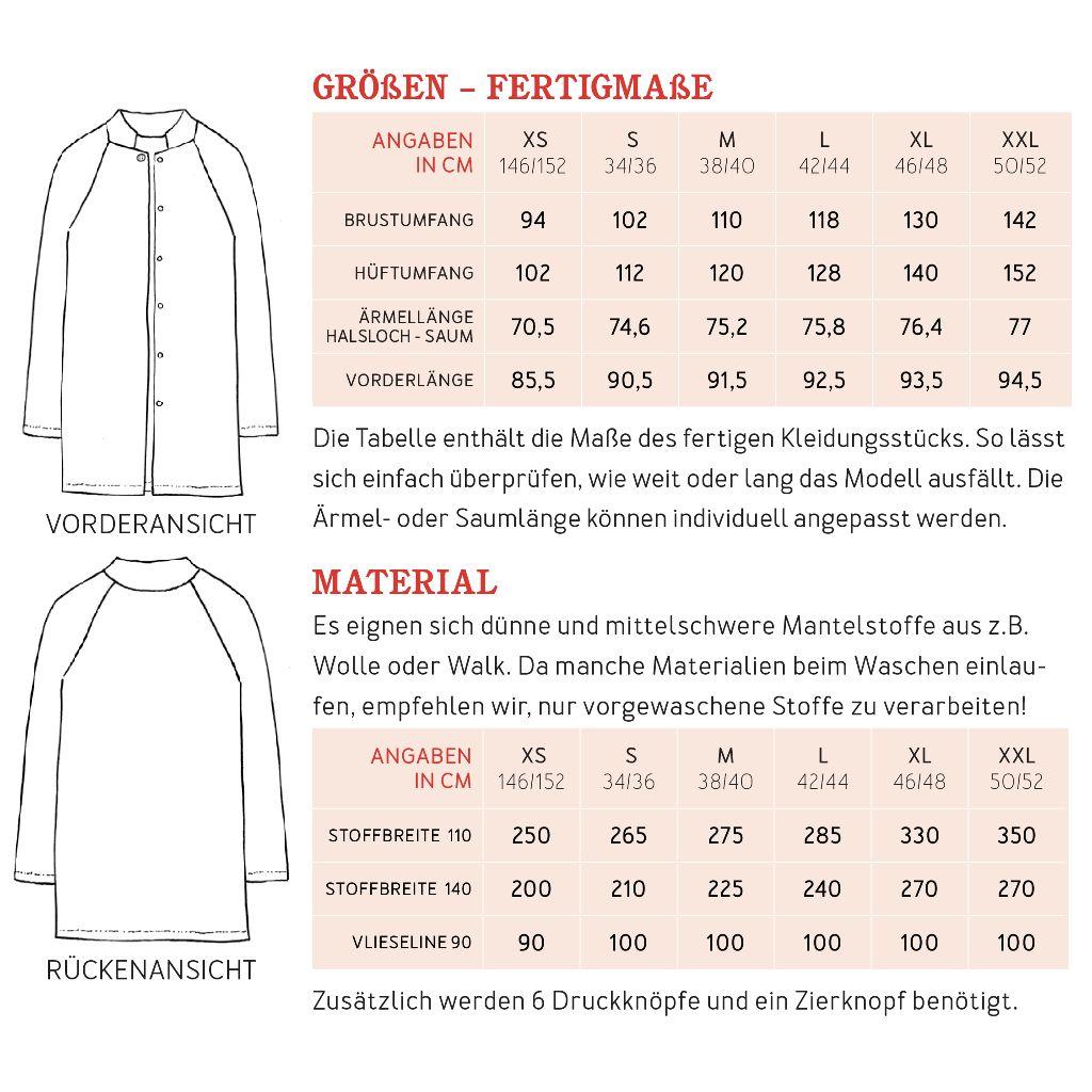 Papierschnittmuster Kurzmantel Frau Linda XS-XXL